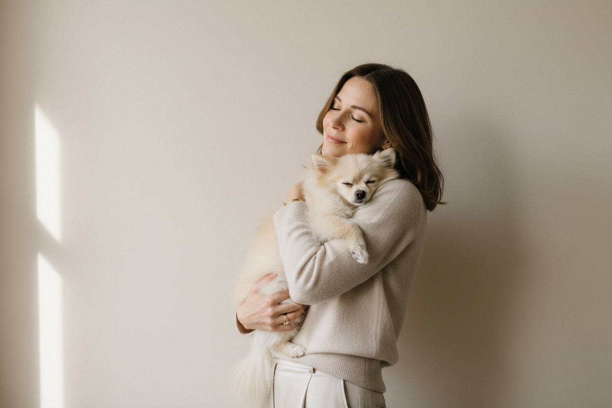 Minimalist, luxurious lifestyle scene of a stylish pet owner holding or cuddling a small dog or cat, neutral background (white, beige, or light grey), soft natural lighting, clean composition, uncluttered and elegant, focus on emotional bond and premium feel, modern and sophisticated aesthetic, aspirational and timeless, conveys love and connection between owner and pet."